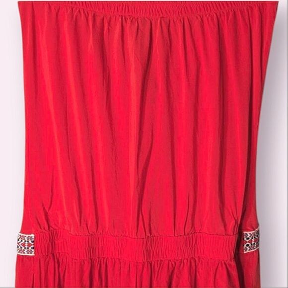 Gypsy O5 Strapless Red Silk Tie Dye Embroidered Elastic Tie Waist Maxi Dress L - Picture 10 of 15